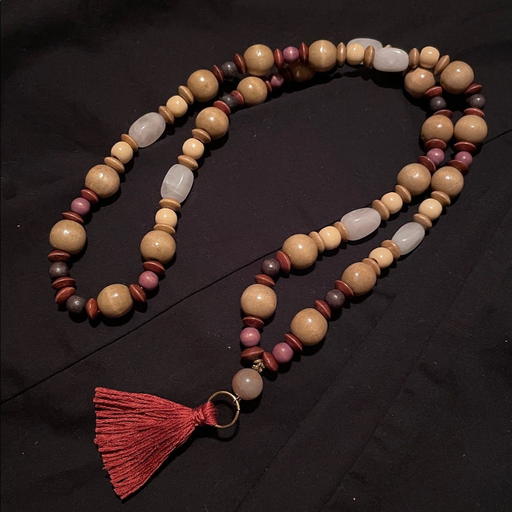 Hand assembled beaded necklace rose quartz